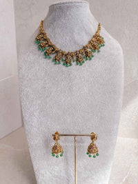 South Indian Temple Lakshmi Necklace Set with Green Beads