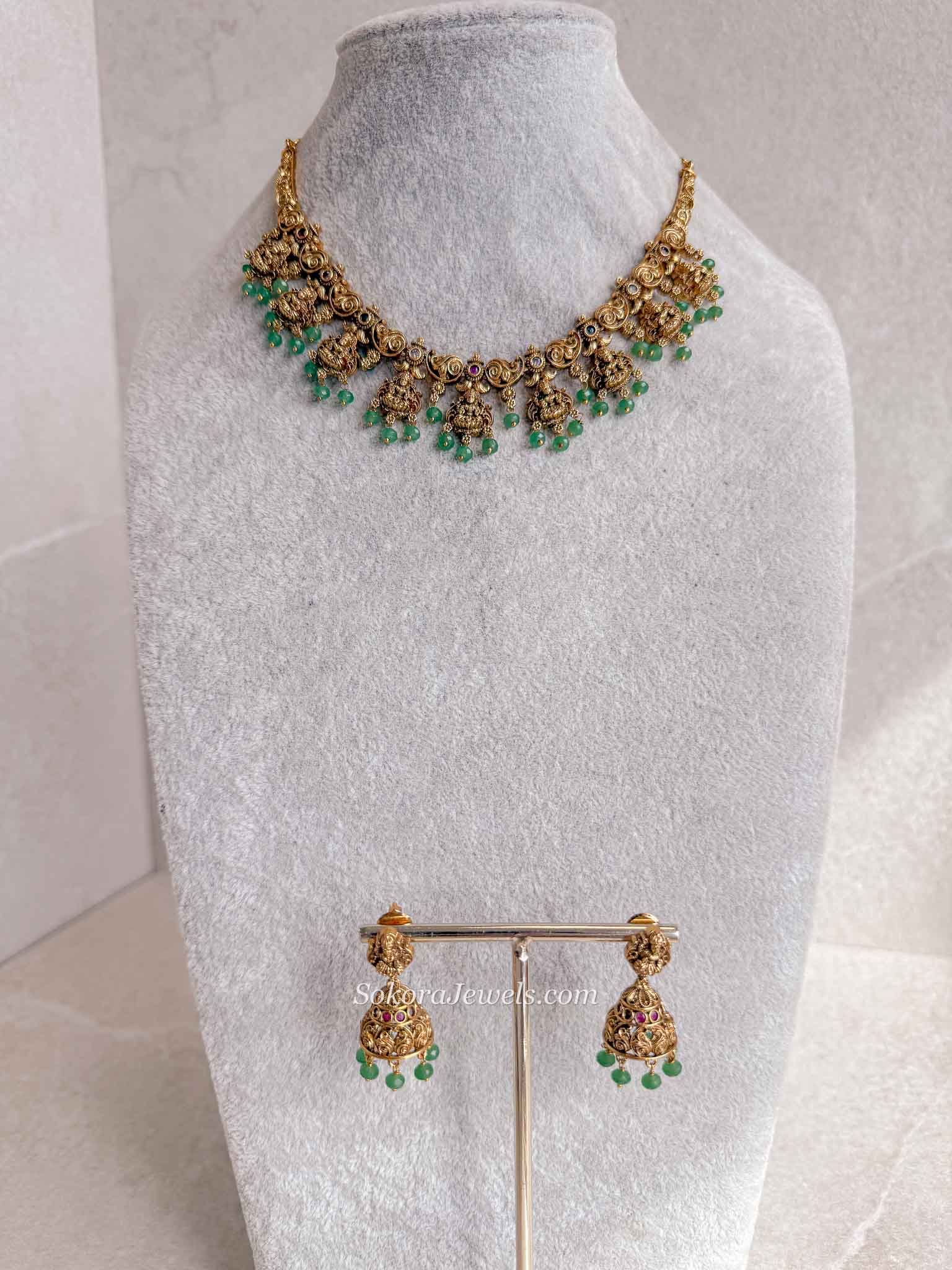 South Indian Temple Lakshmi Necklace Set with Green Beads