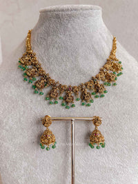 South Indian Temple Lakshmi Necklace Set with Green Beads