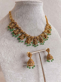 South Indian Temple Lakshmi Necklace Set with Green Beads