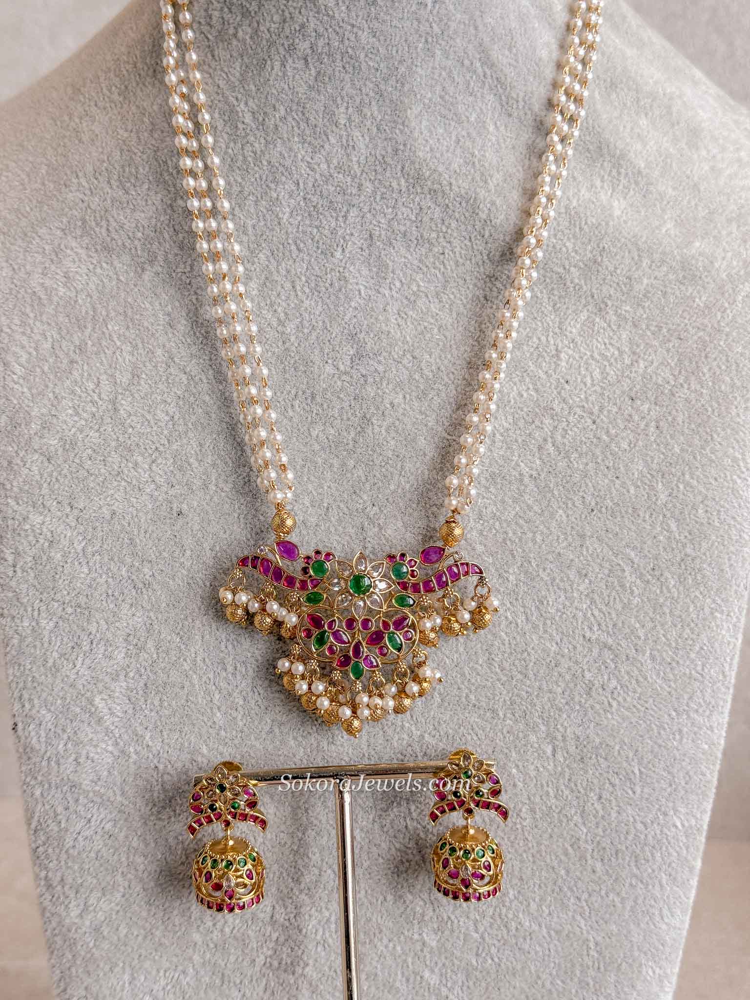 Ruby & Green Pendant Pearl Mala Necklace Set