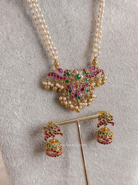 Ruby & Green Pendant Pearl Mala Necklace Set