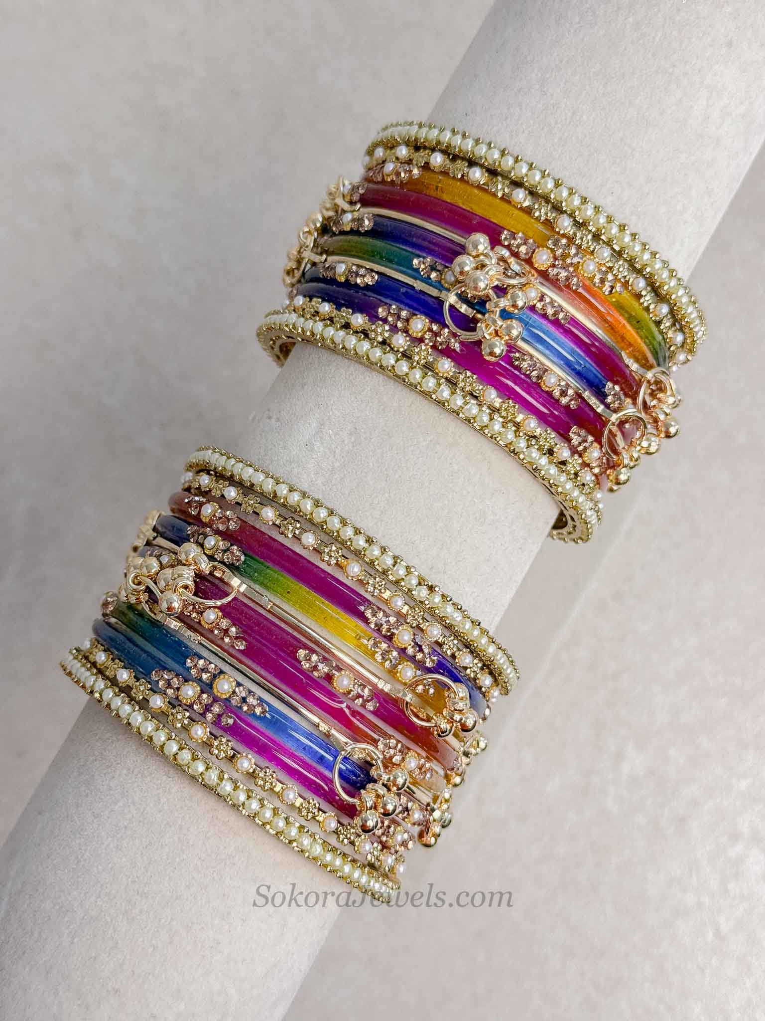 Multicolour Glass Kashmiri Bangles Set With Pearls