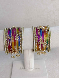 Multicolour Glass Kashmiri Bangles Set With Pearls