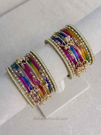 Multicolour Glass Kashmiri Bangles Set With Pearls