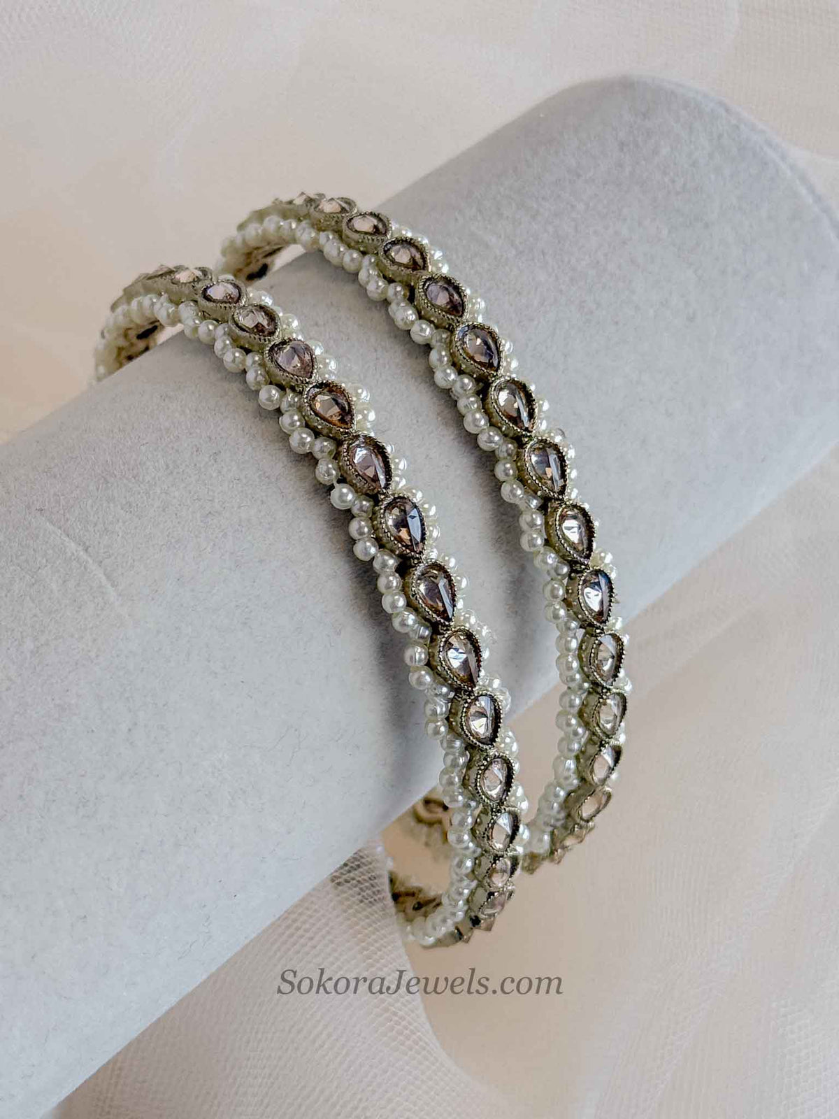 Pearl & Golden Zircon Bridal Kada Bangles – Size 2.12