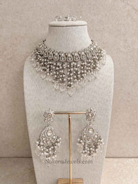 Silver Tassel Choker Set with Clear Crystal Drops