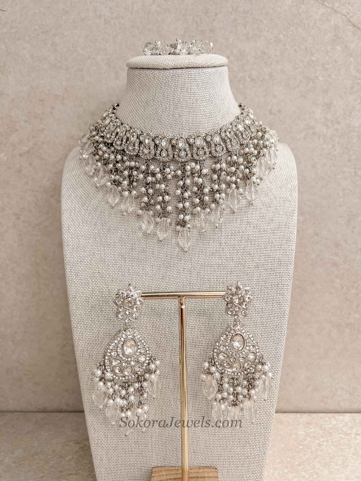 Silver Tassel Choker Set with Clear Crystal Drops