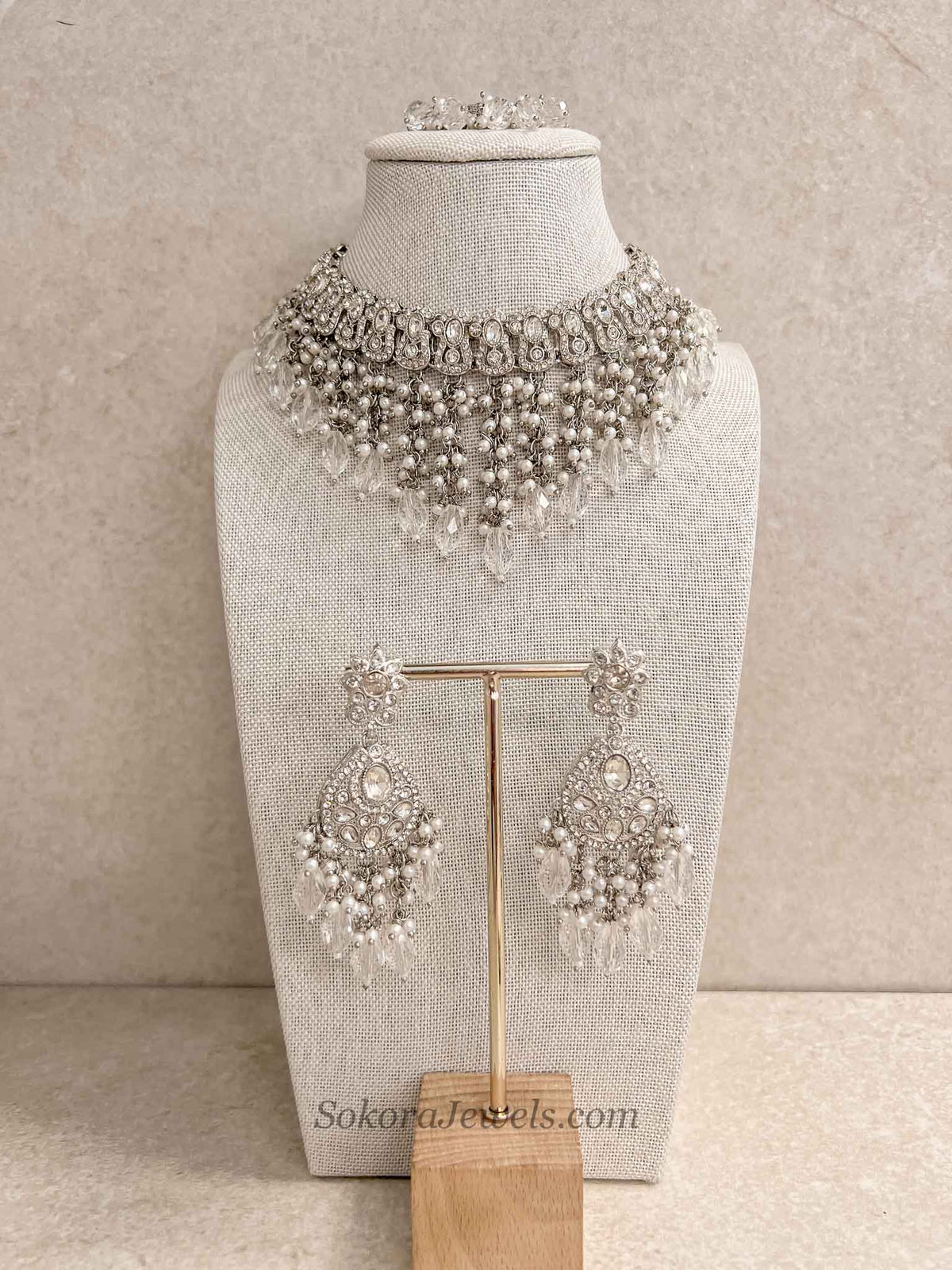 Silver Tassel Choker Set with Clear Crystal Drops