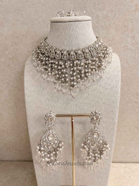 Silver Tassel Choker Set with Clear Crystal Drops