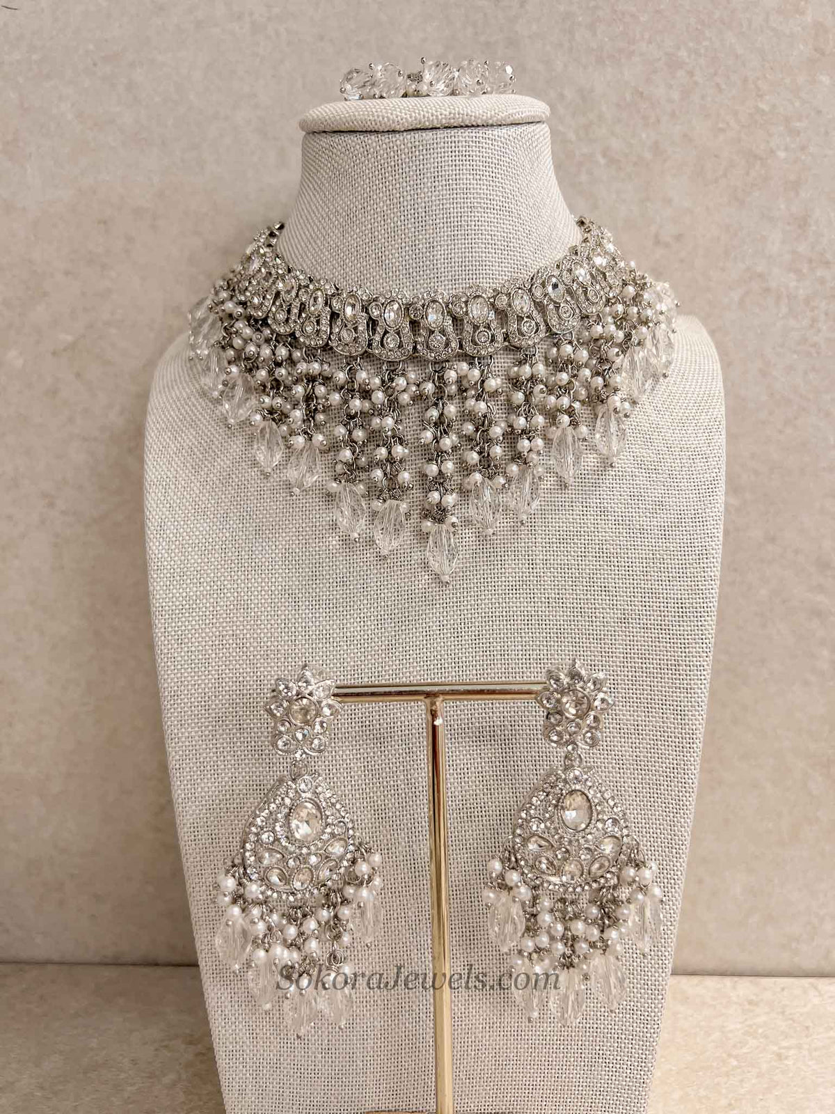 Silver Tassel Choker Set with Clear Crystal Drops