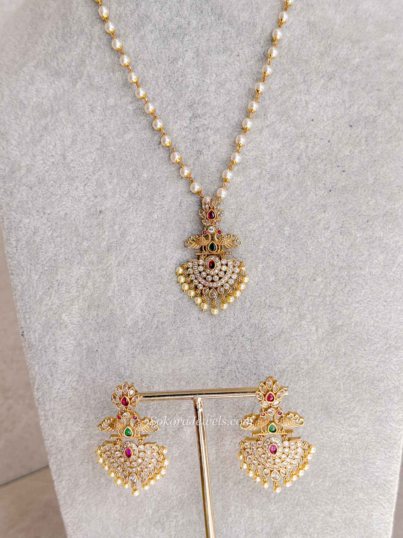 Peacock Pendant Pearl Mala Necklace Set