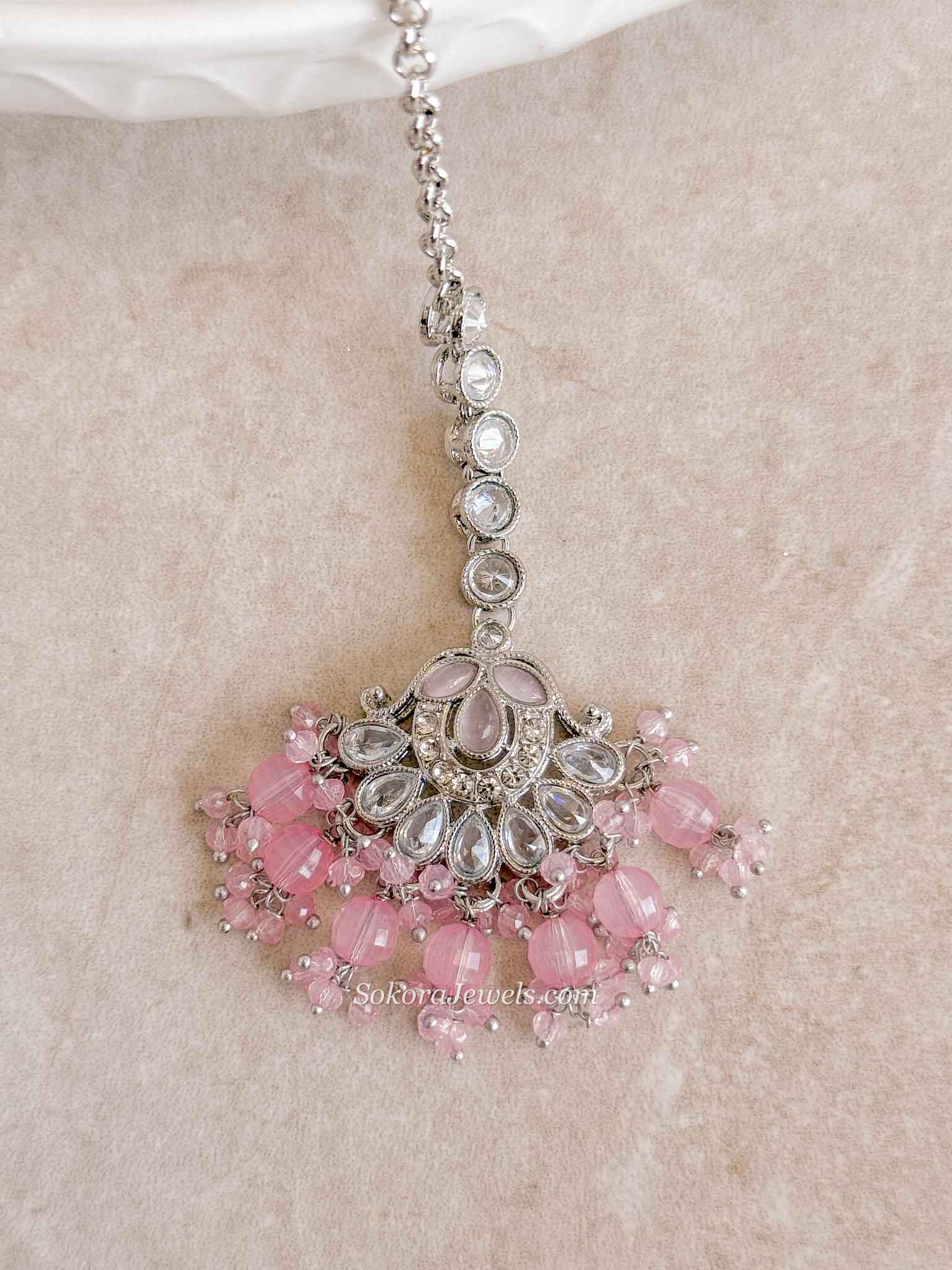 Small Silver & Pink Fan Shape Tikka