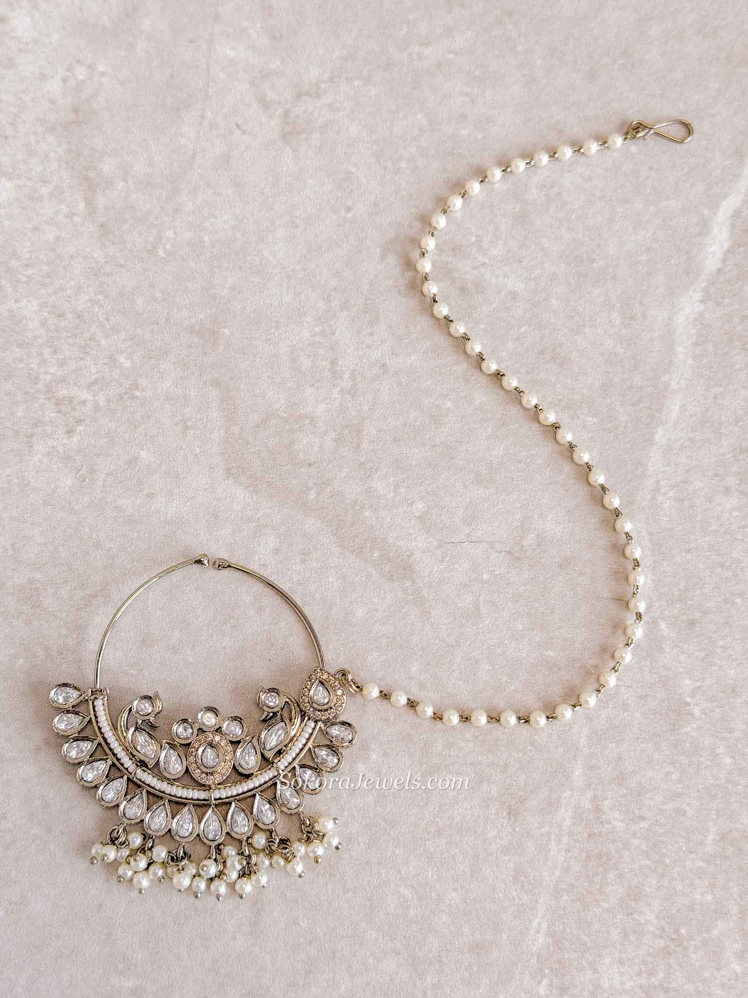 Large Bridal Kundan Pearl & Swan Motif Nath (Non-Pierced)