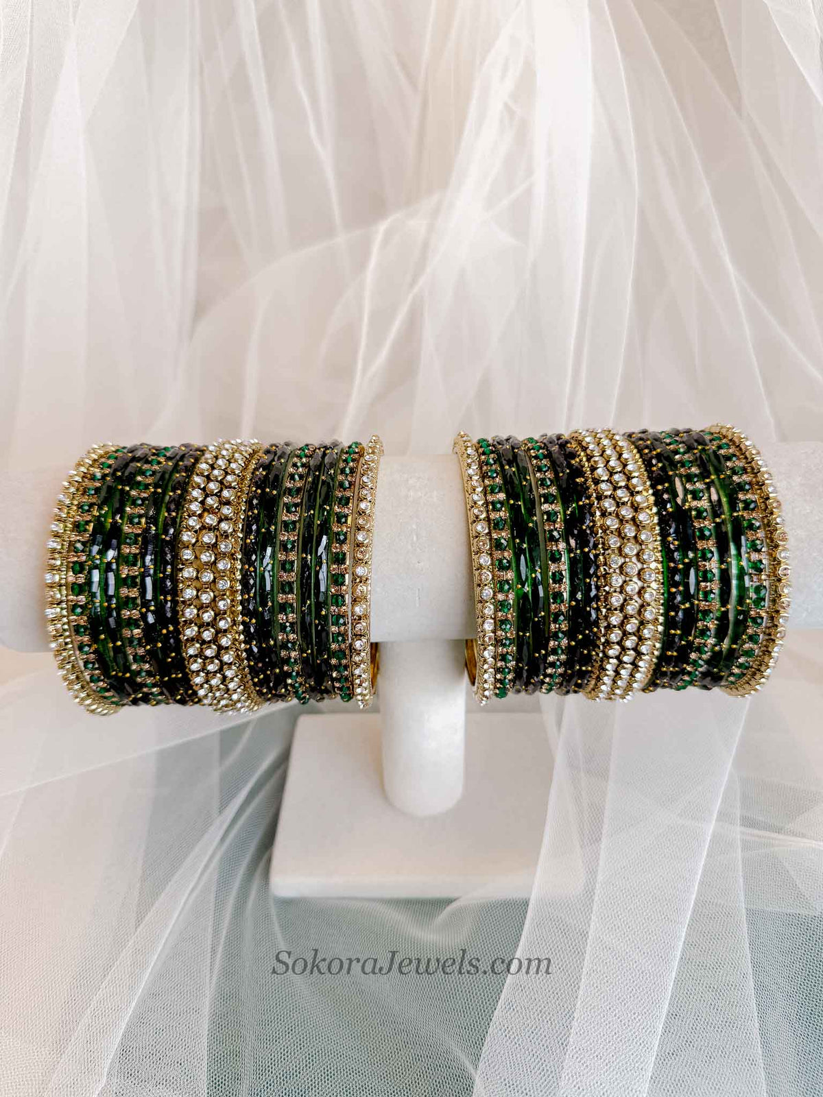 Bridal Green Glass Bangles Set - 2.10