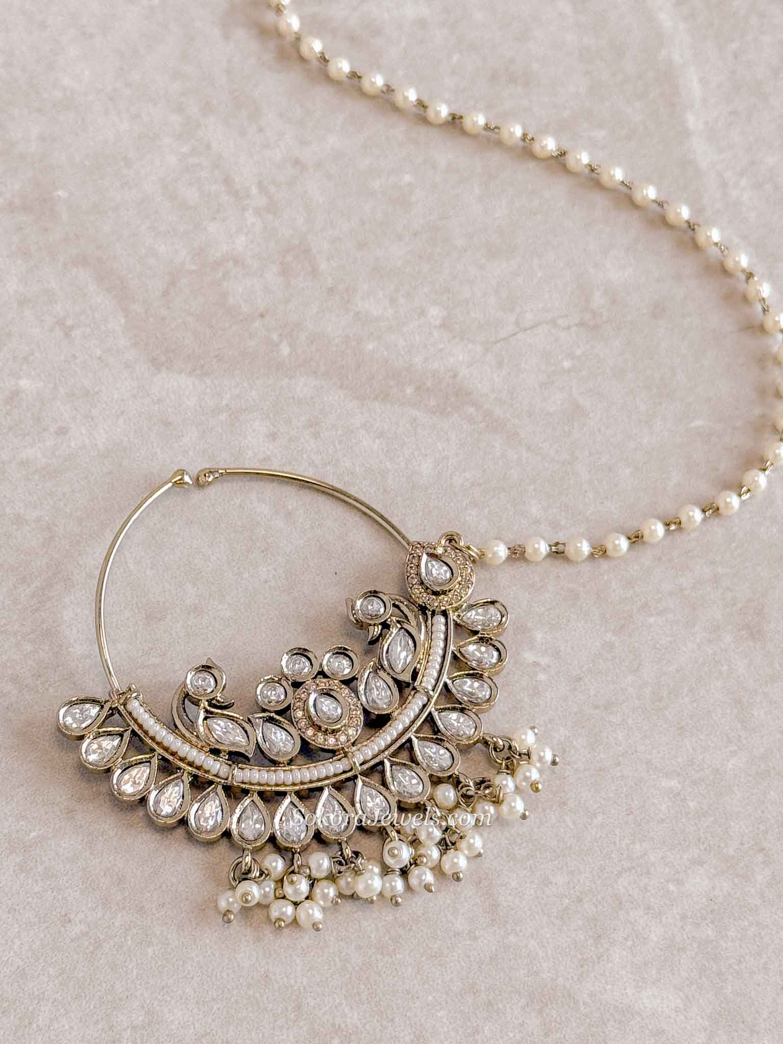 Large Bridal Kundan Pearl & Swan Motif Nath (Non-Pierced)