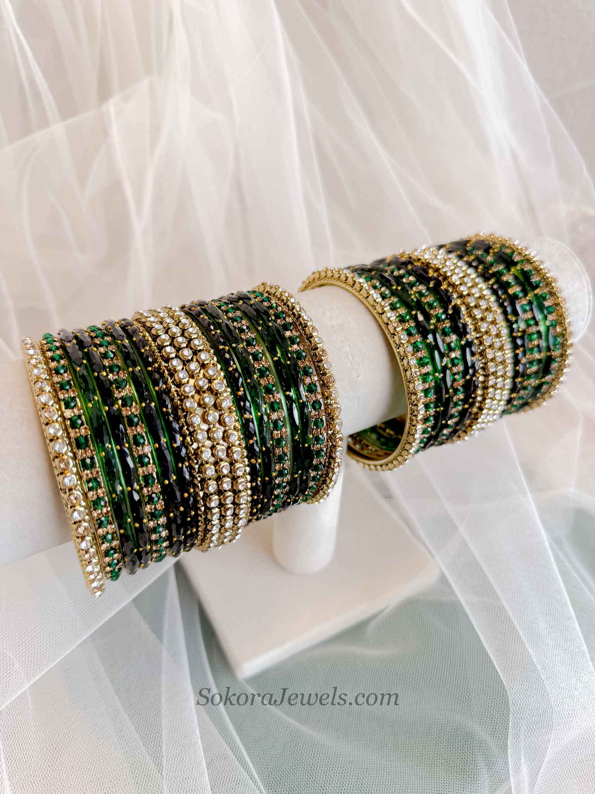 Bridal Green Glass Bangles Set - 2.10