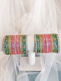 Bridal Pink, Blue & Mint Glass Bangles Set - 2.6