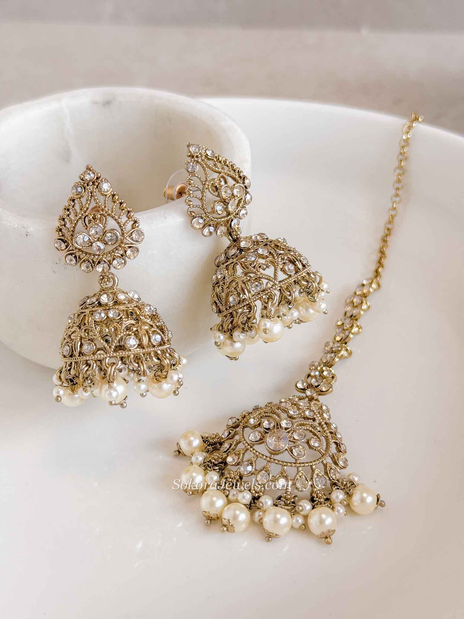 Antique Gold Crystal & Pearl Jhumka Earrings & Tikka Set