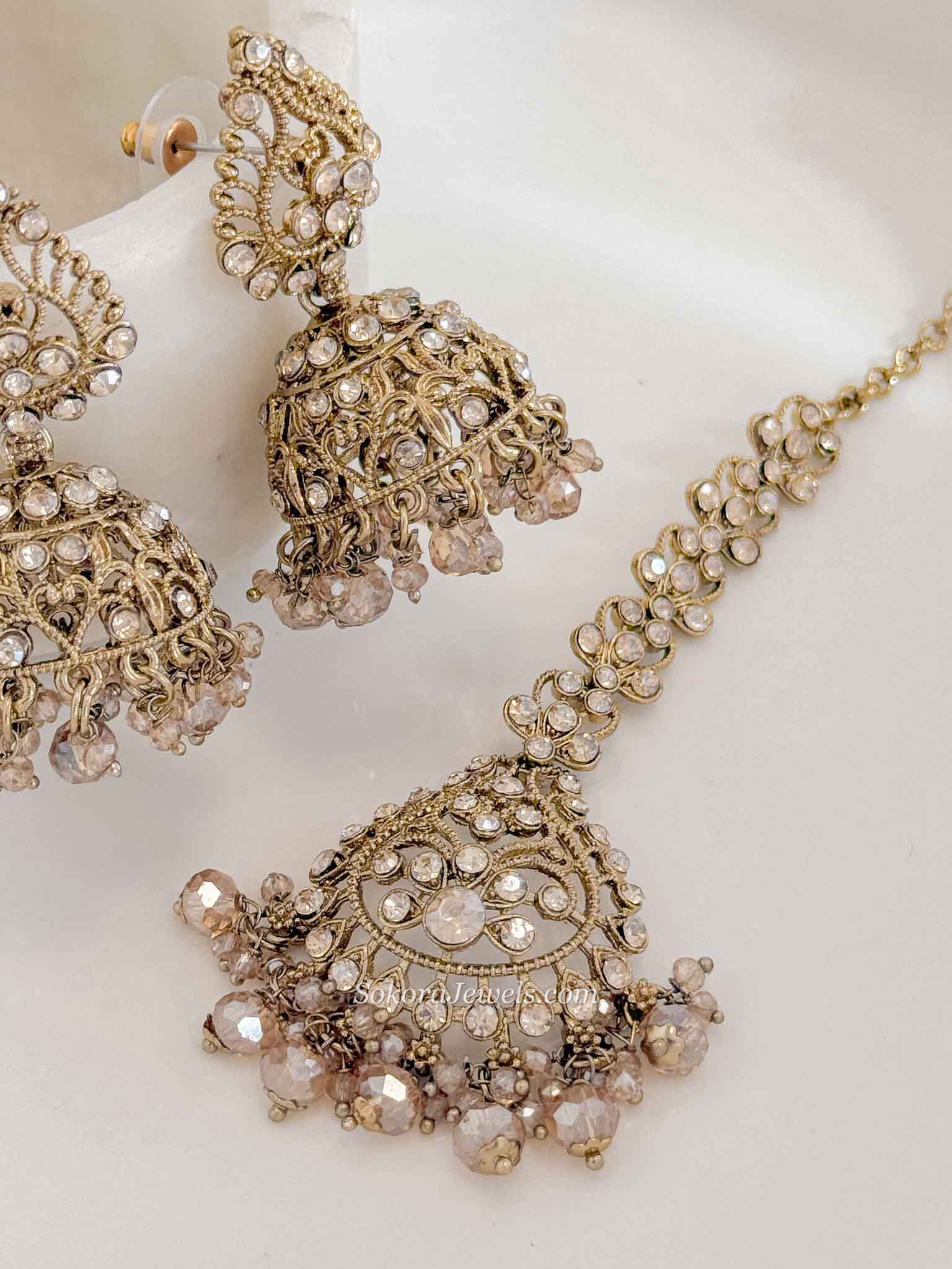 Antique Gold Crystal & Golden Bead Jhumka Earrings with Tikka Set