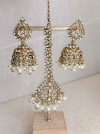 Antique Gold Crystal & Pearl Jhumka Earrings with Tikka Set