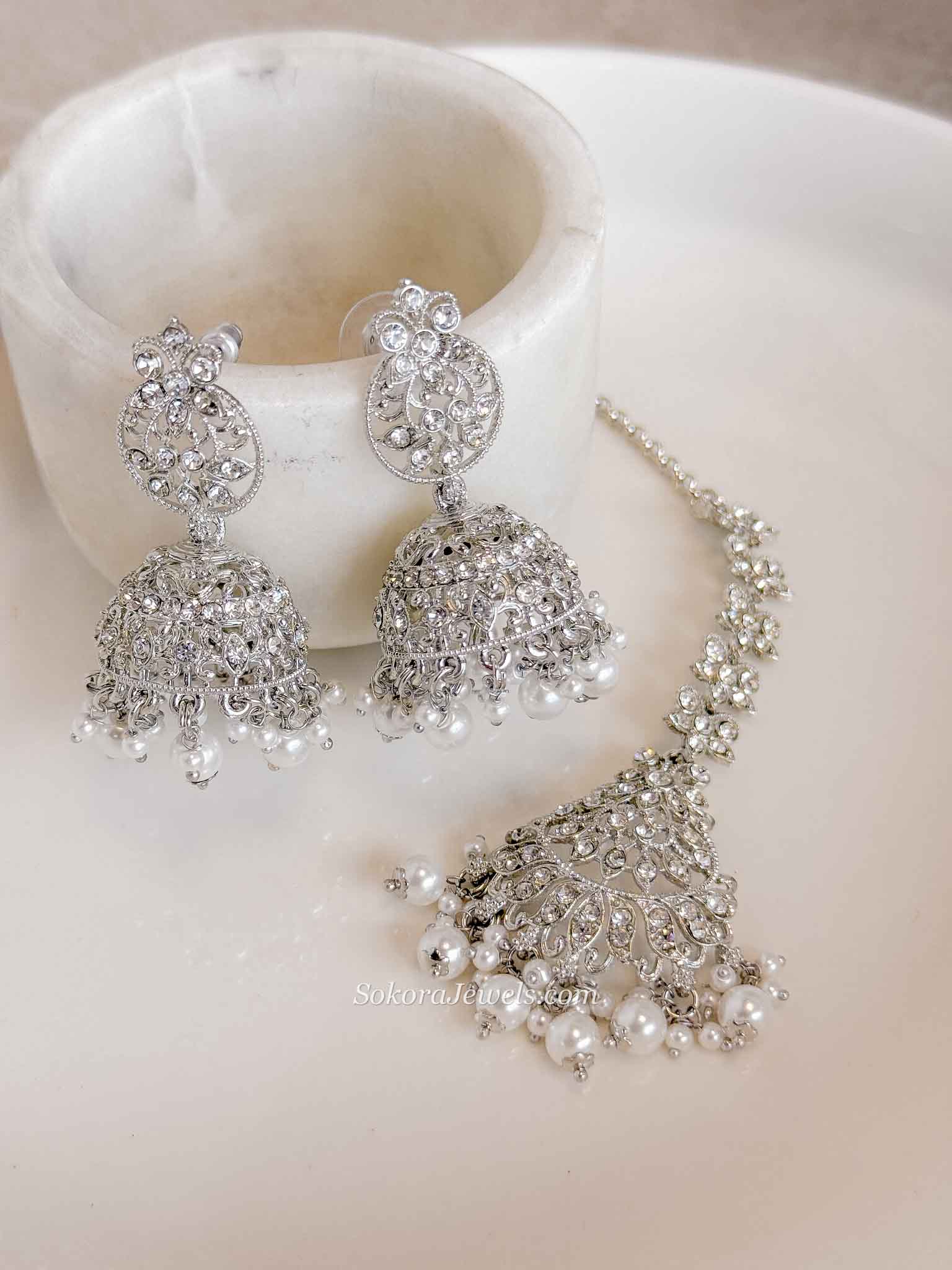 Silver & Pearl Jhumka Earrings with Tikka Set