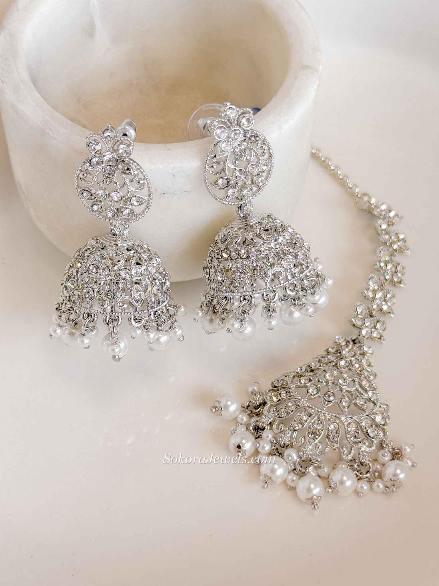 Silver & Pearl Jhumka Earrings with Tikka Set