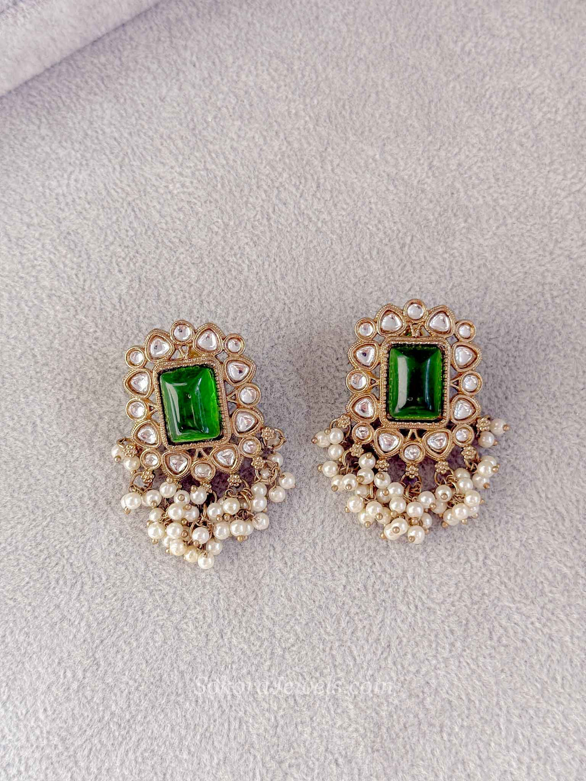 Rectangle Green Gem Pearl Stud Earrings.