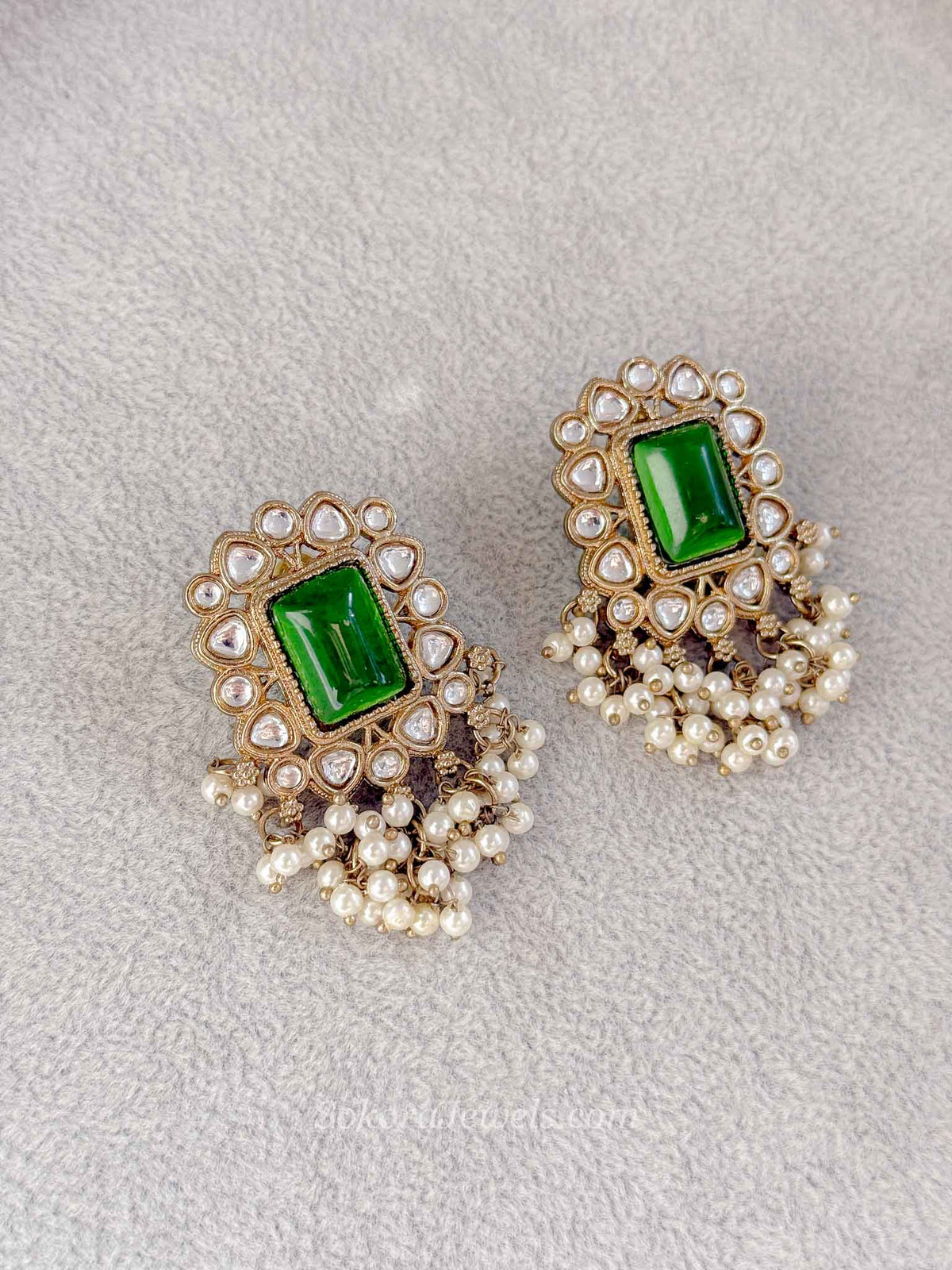 Rectangle Green Gem Pearl Stud Earrings.
