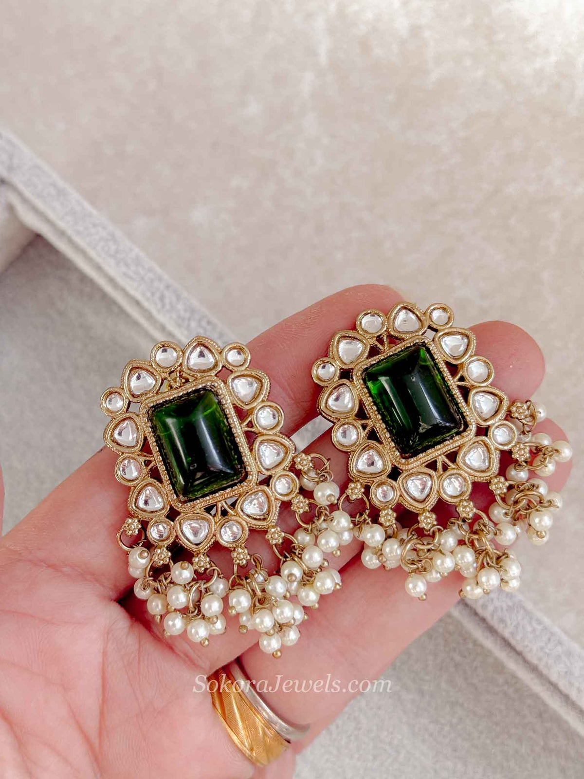 Rectangle Green Gem Pearl Stud Earrings.