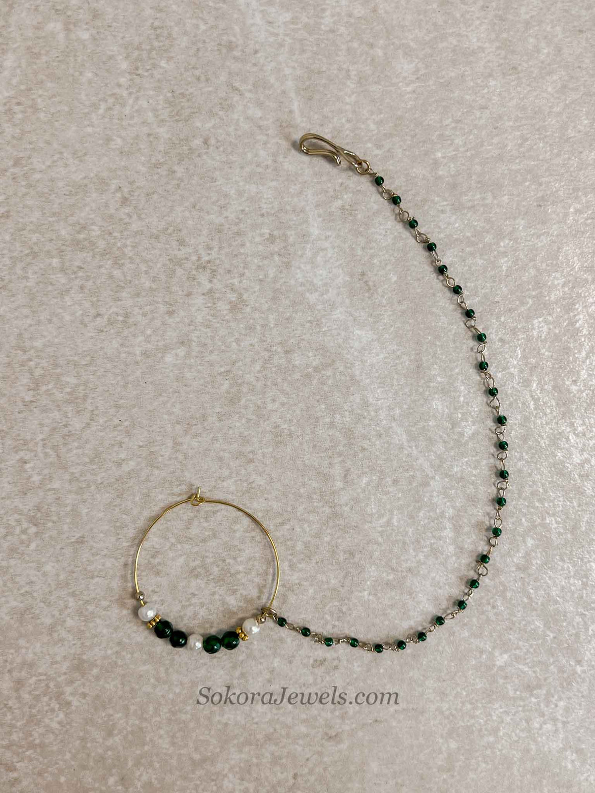 Medium Green Beaded Bridal Nose Ring (Nath) with Chain