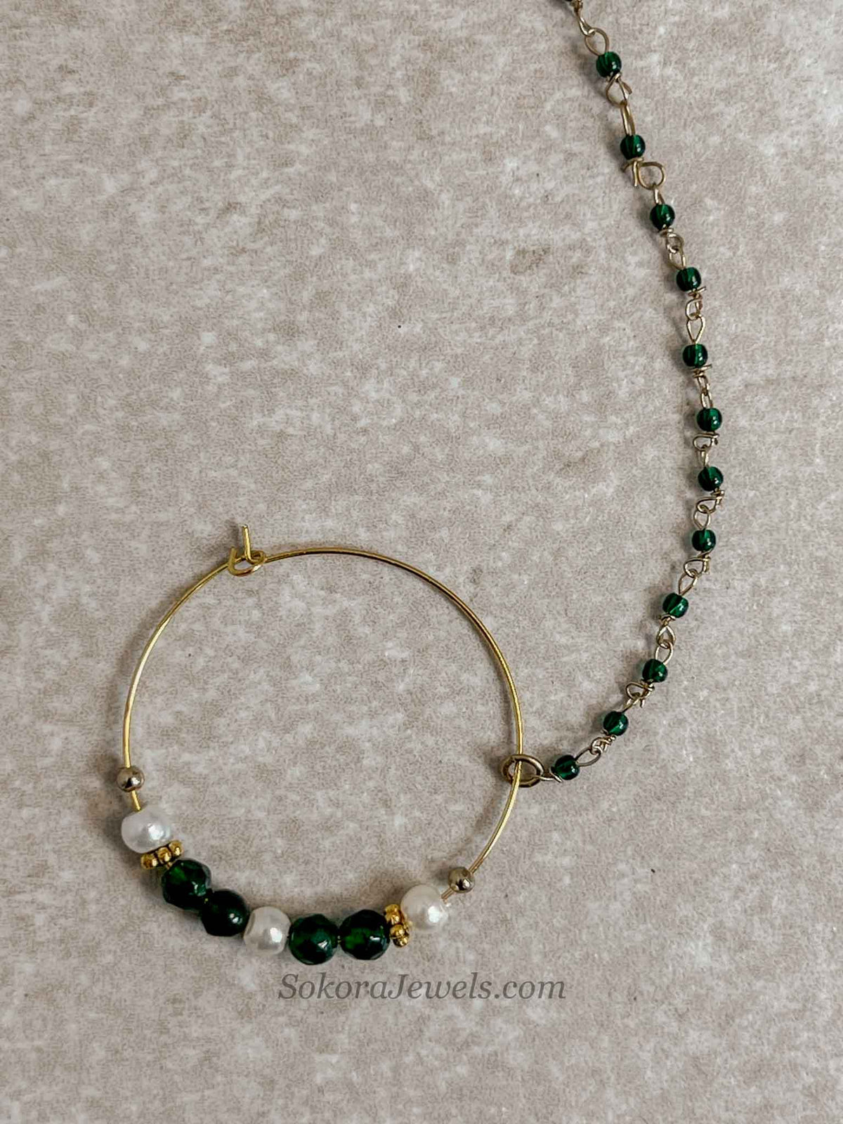 Medium Green Beaded Bridal Nose Ring (Nath) with Chain