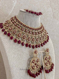Faiqa Antique Gold Necklace Set Deep Maroon
