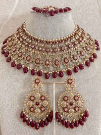 Faiqa Antique Gold Necklace Set Deep Maroon