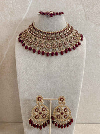 Faiqa Antique Gold Necklace Set Deep Maroon