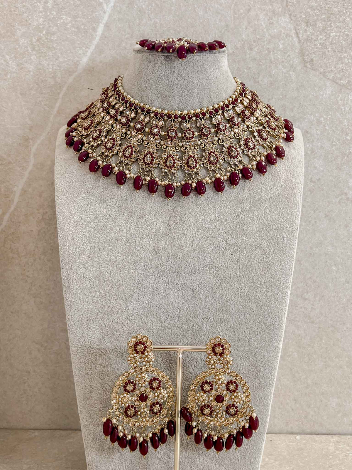 Faiqa Antique Gold Necklace Set Deep Maroon