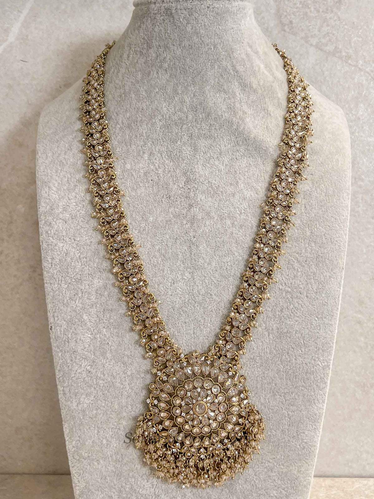 Antique Gold Pendant Long Necklace - Champagne Golden with Beads