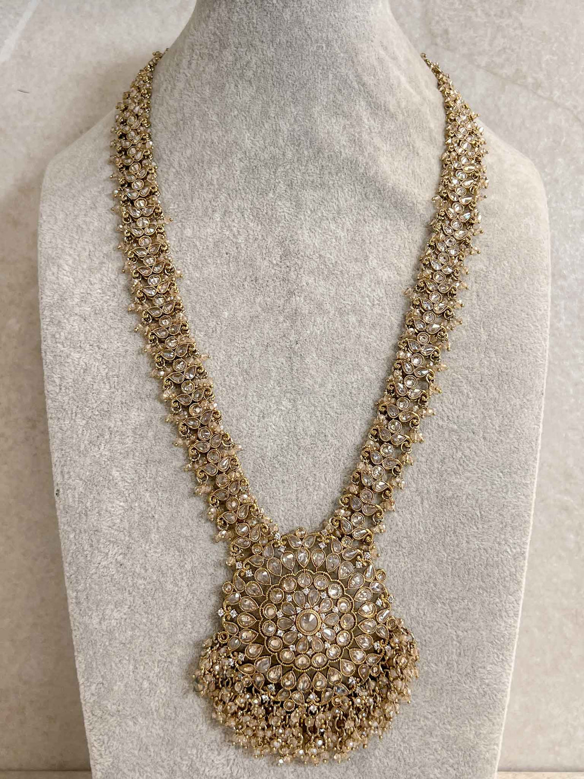 Antique Gold Pendant Long Necklace - Champagne Golden with Beads