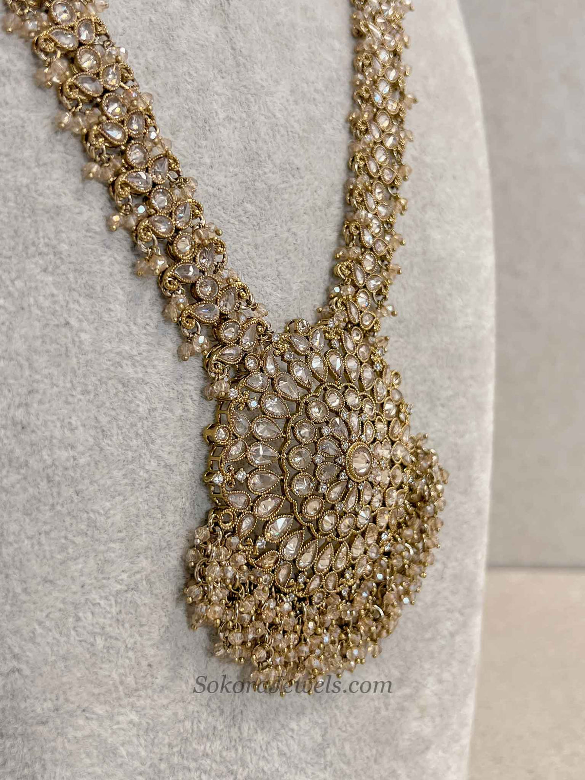 Antique Gold Pendant Long Necklace - Champagne Golden with Beads