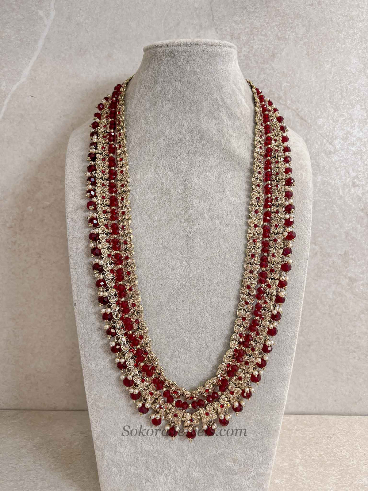 Gold & Maroon Multi Strand Long Haar Necklace