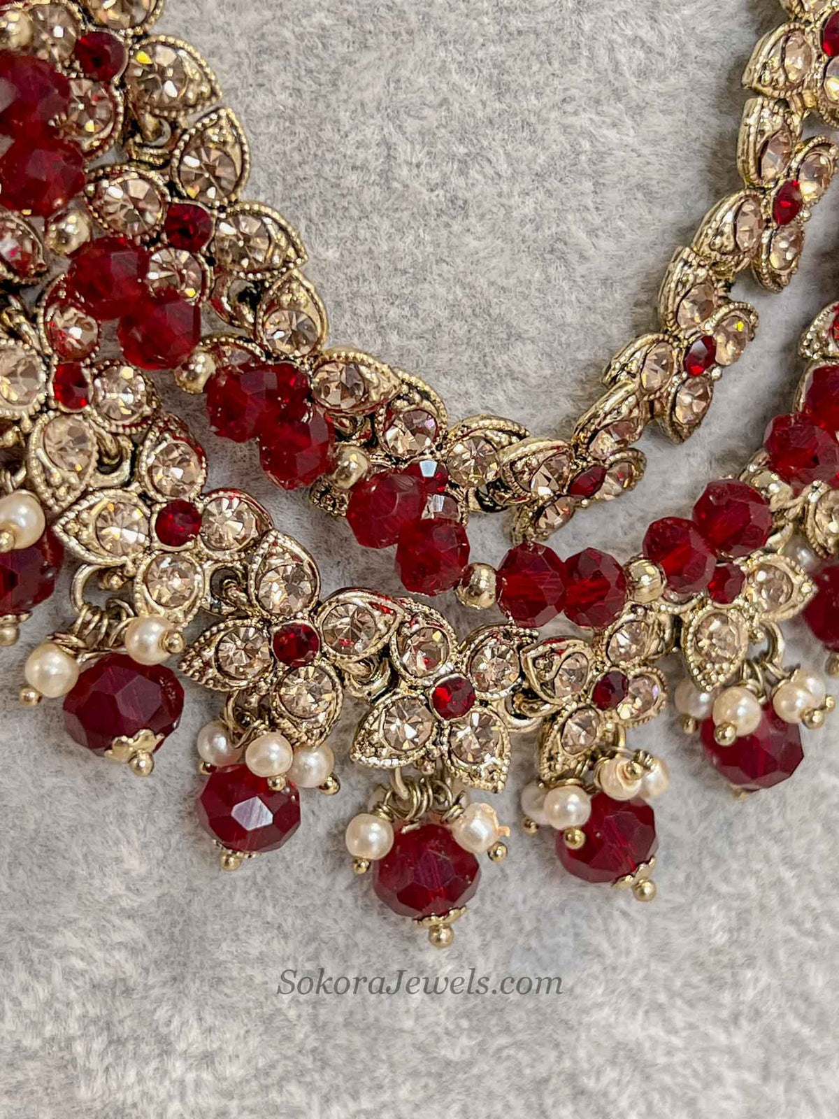 Gold & Maroon Multi Strand Long Haar Necklace