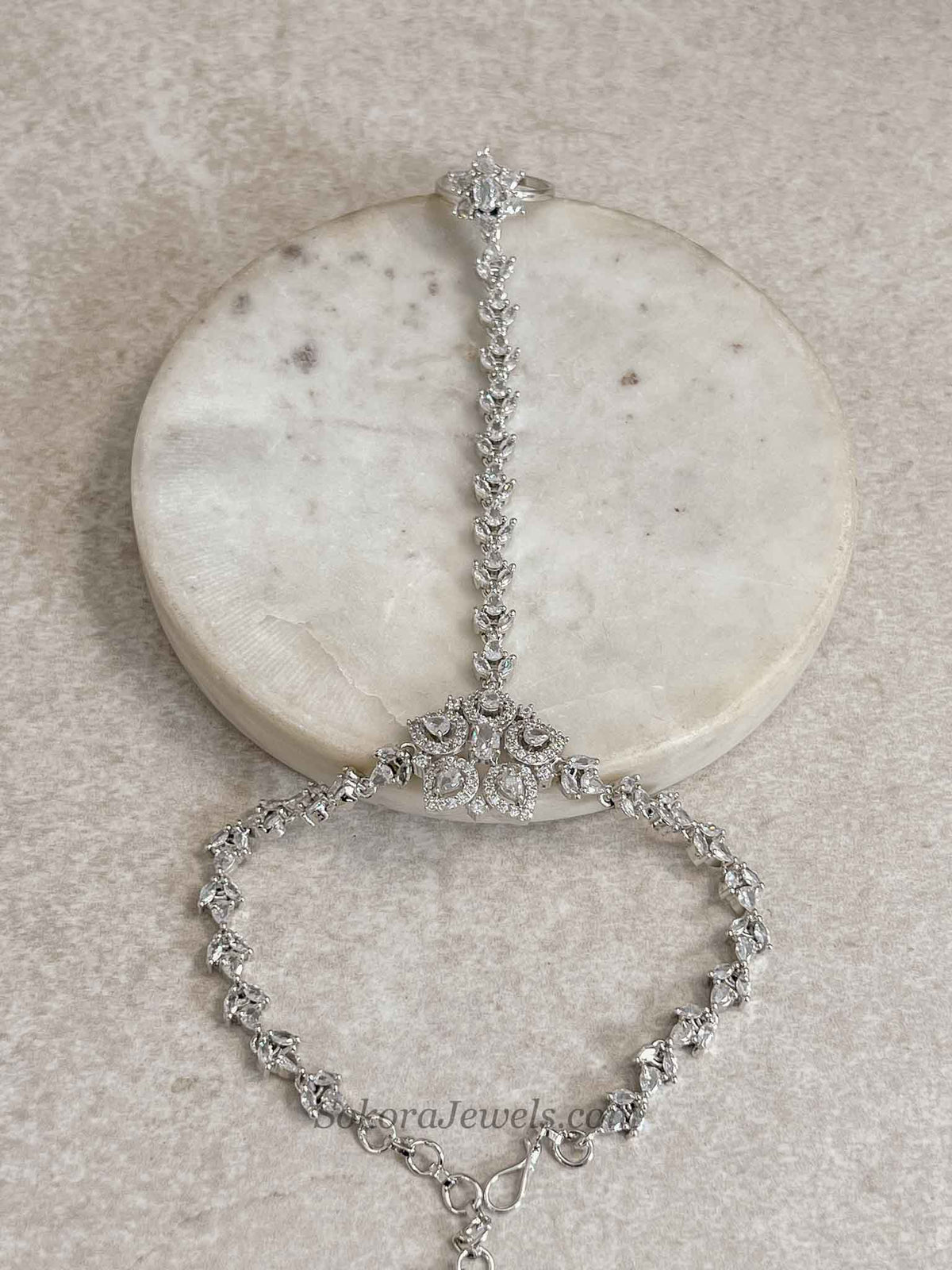 Silver American Diamond Hand Chain Bracelet