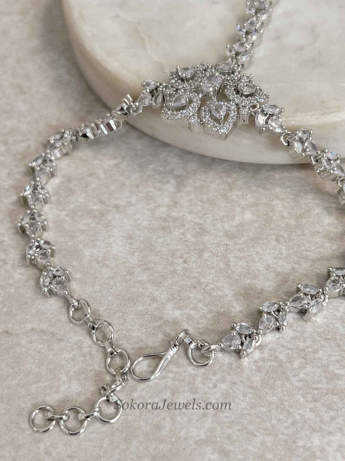 Silver American Diamond Hand Chain Bracelet