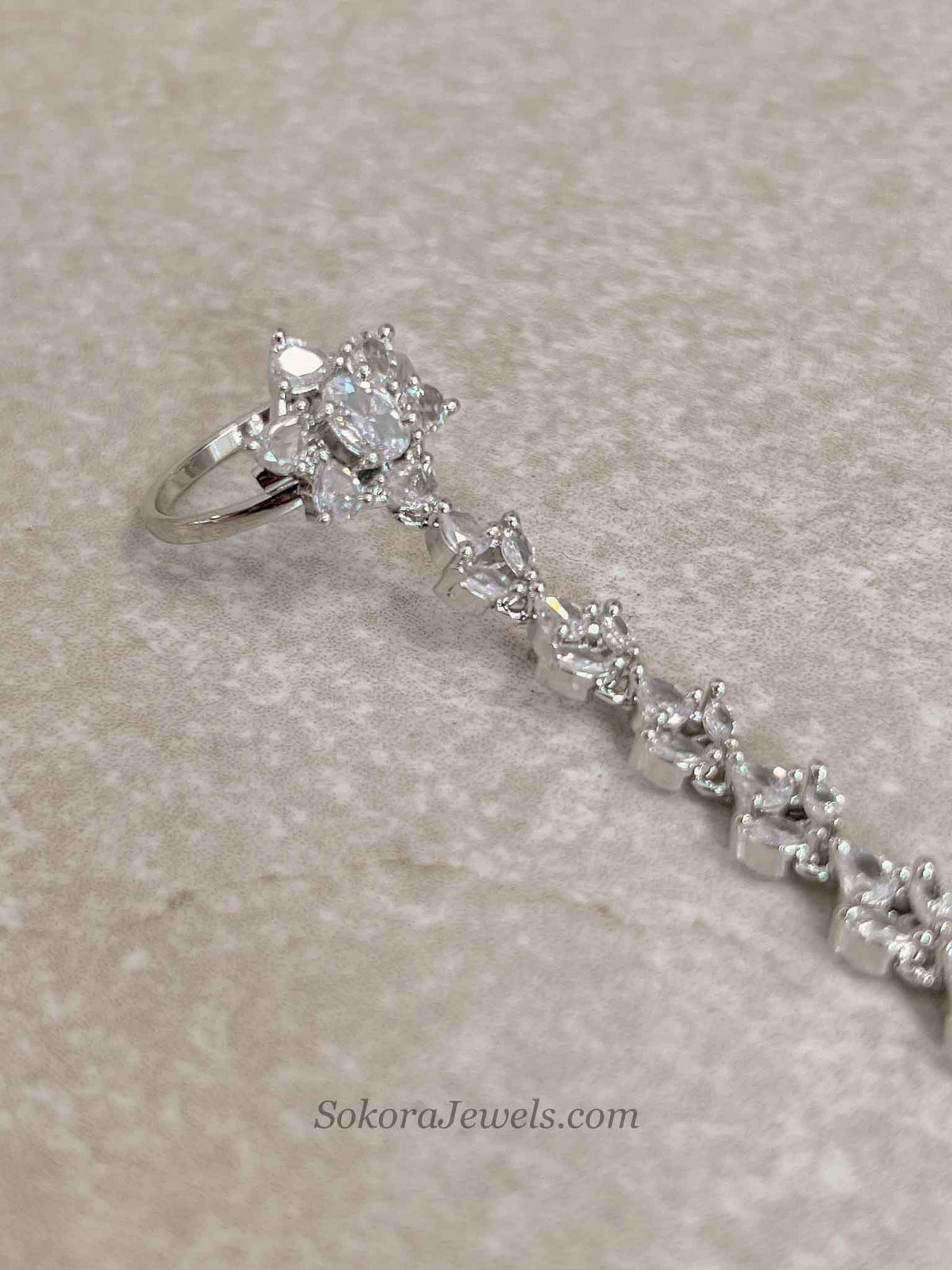 Silver American Diamond Hand Chain Bracelet