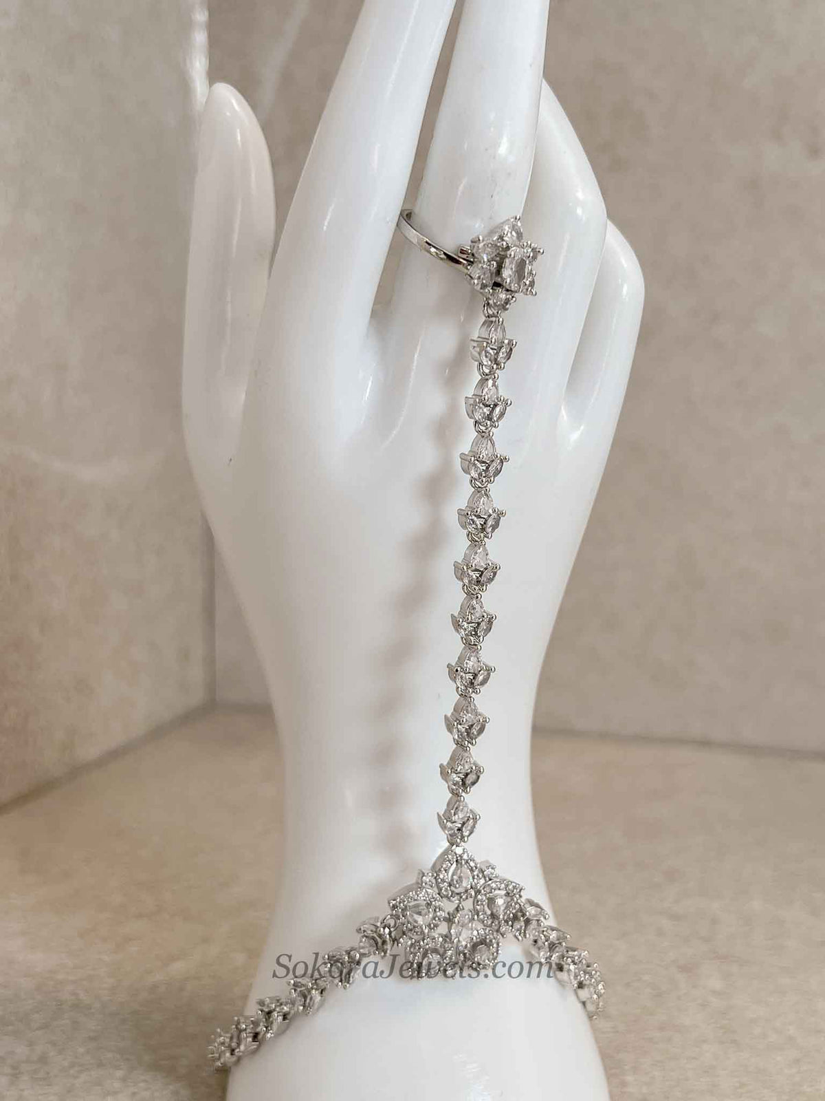 Silver American Diamond Hand Chain Bracelet