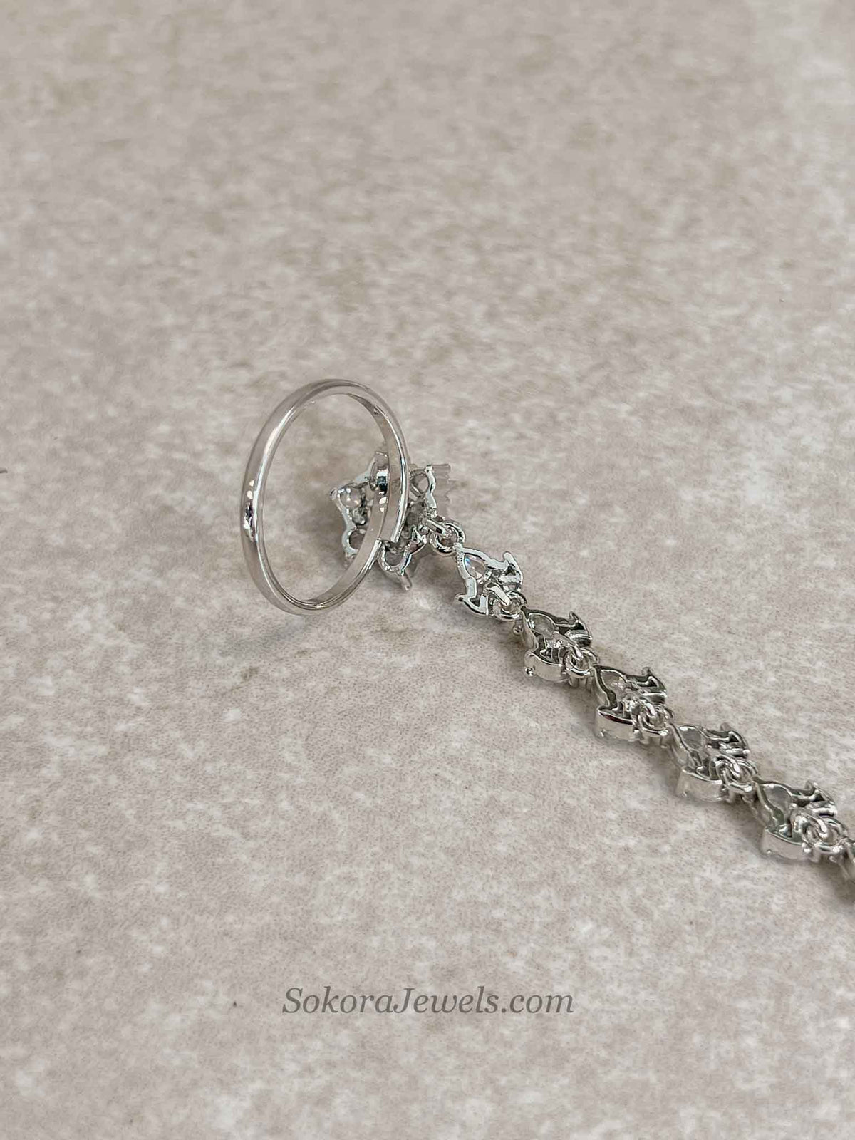 Silver American Diamond Hand Chain Bracelet