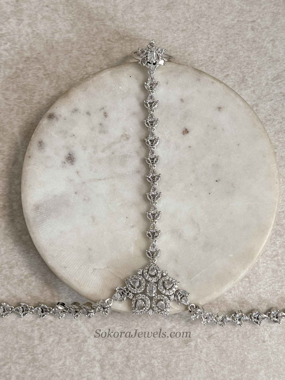 Silver American Diamond Hand Chain Bracelet