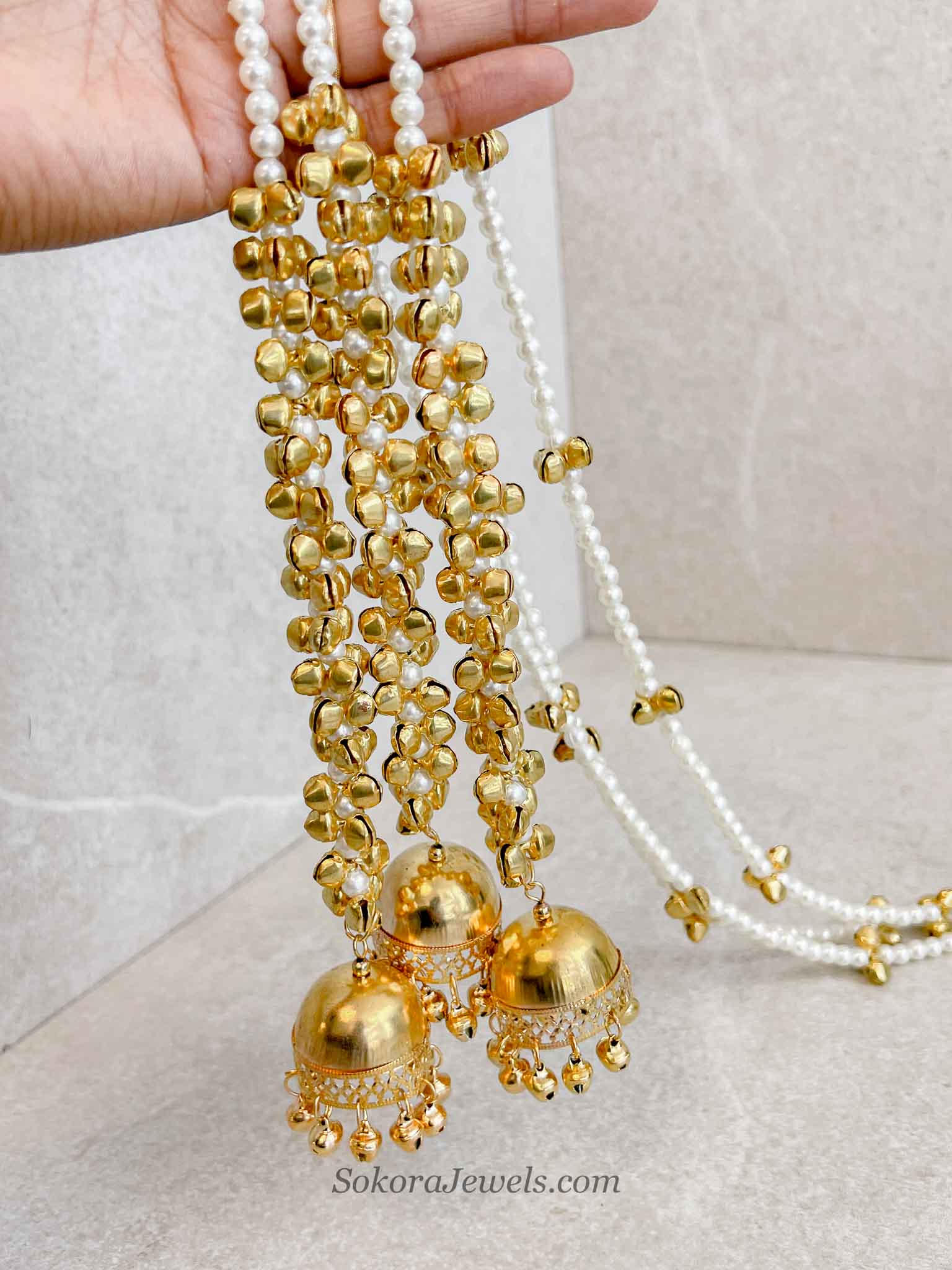 Gold Pearl Paranda Hair Accessory with Jhumki Tassels