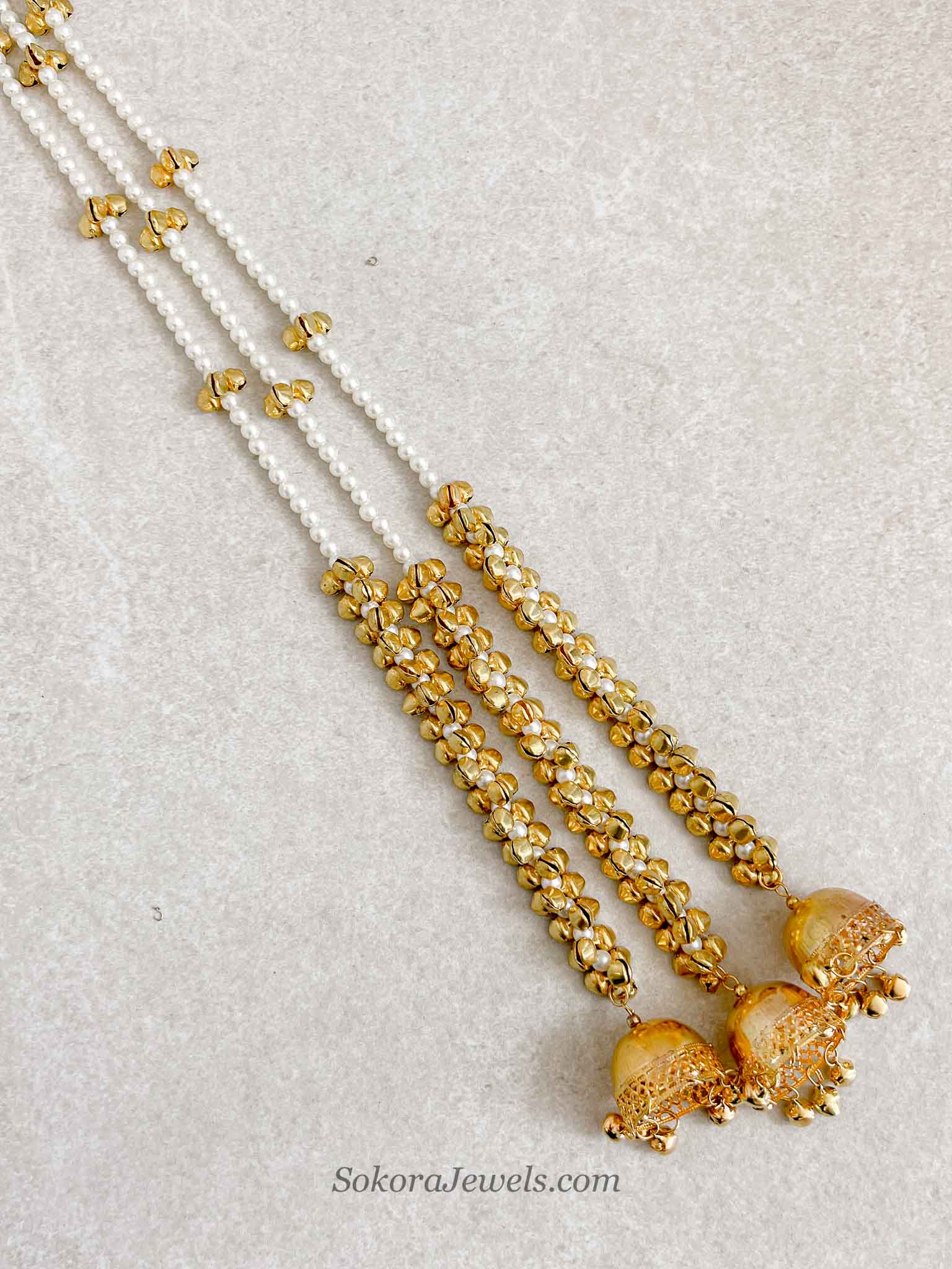 Gold Pearl Paranda Hair Accessory with Jhumki Tassels