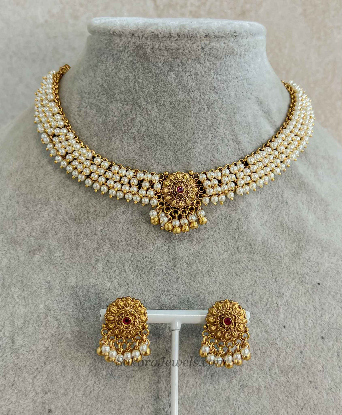 Pearly Ruby Floral Necklace Set